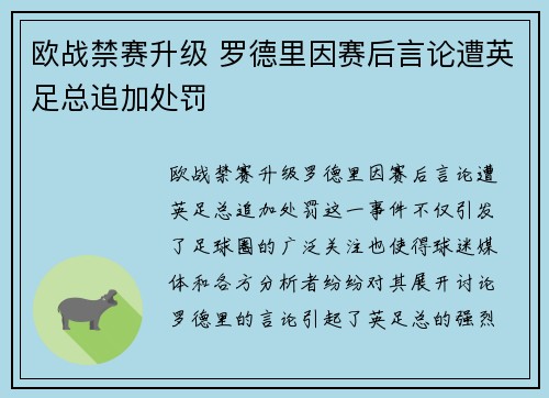 欧战禁赛升级 罗德里因赛后言论遭英足总追加处罚