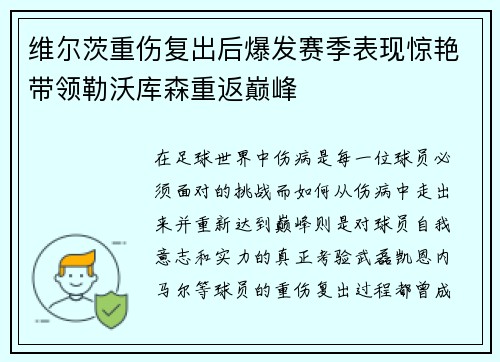 维尔茨重伤复出后爆发赛季表现惊艳带领勒沃库森重返巅峰