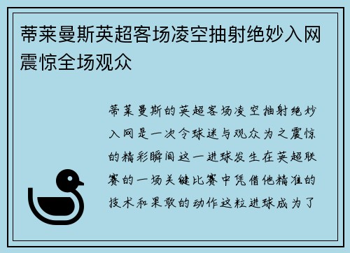 蒂莱曼斯英超客场凌空抽射绝妙入网震惊全场观众